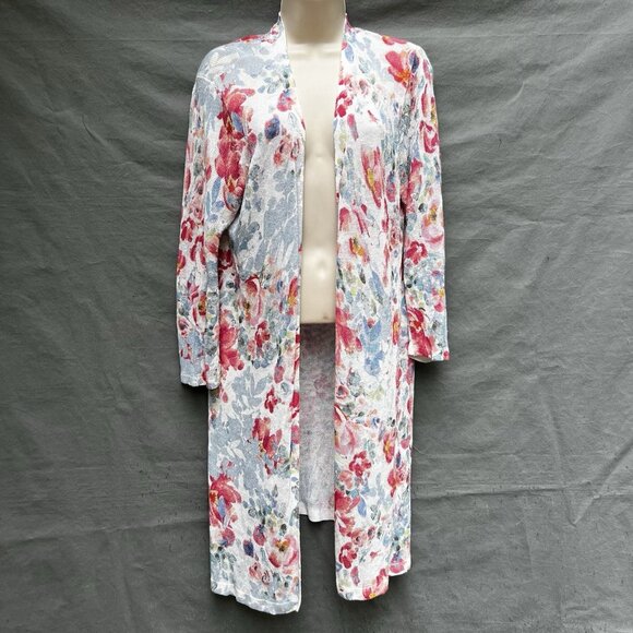 J. Jill Sweaters - J. Jill Sz M Linen Blend Floral Garden Open Front Loose Knit Watercolor Cardigan